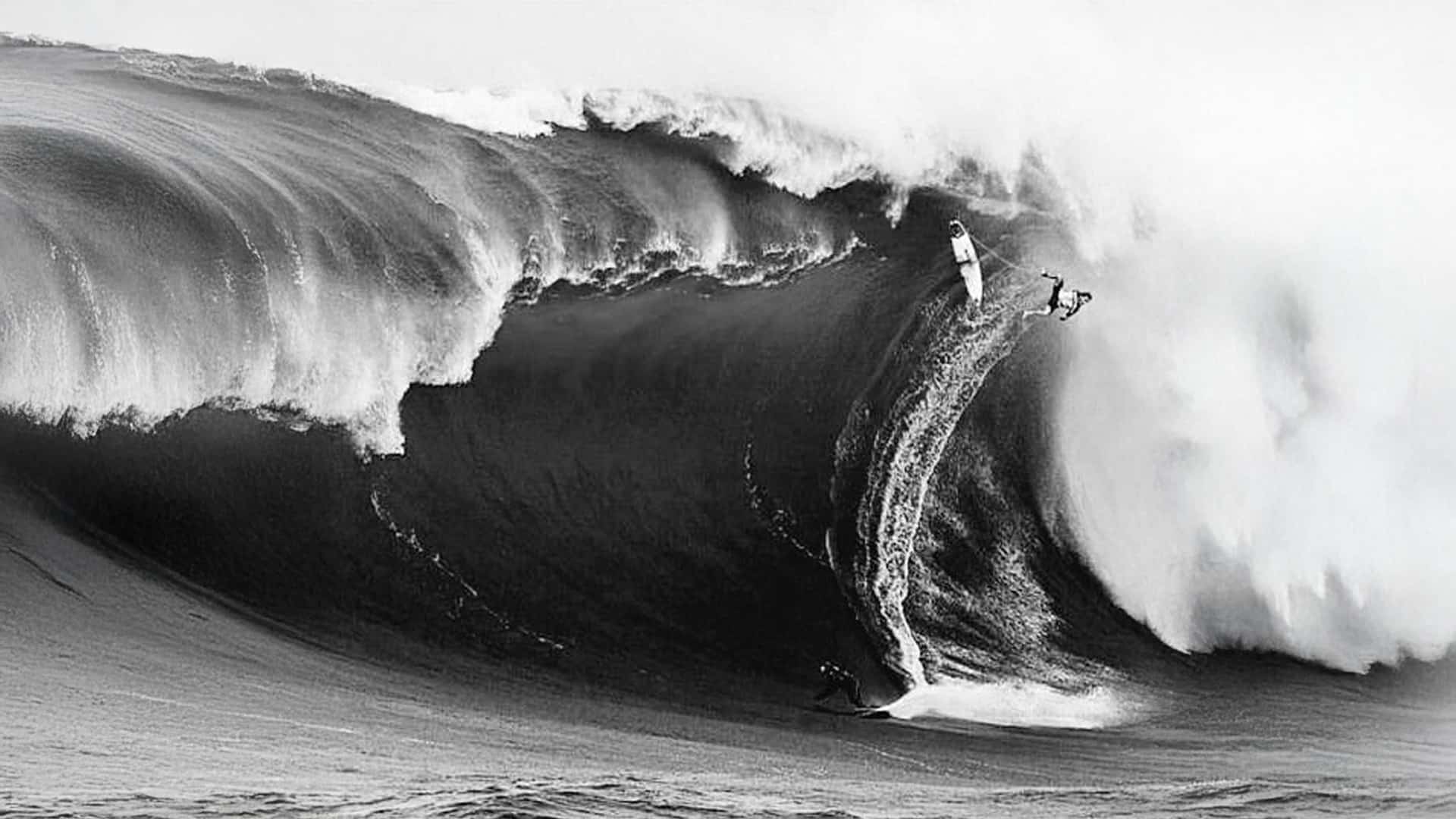 Una dramática foto en blanco y negro muestra a un surfista cayendo de su tabla mientras surfea una ola masiva y ondulante. Otro surfista se ve debajo, navegando hábilmente la poderosa ola.